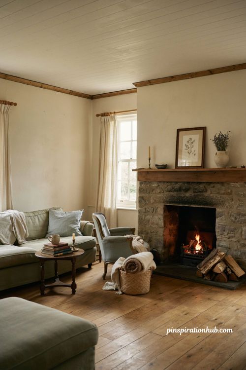 Cottage living room with beadboard ceiling fireplace and cozy vintage decor