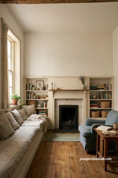 Cottage living room with built in window seat fireplace and shelving