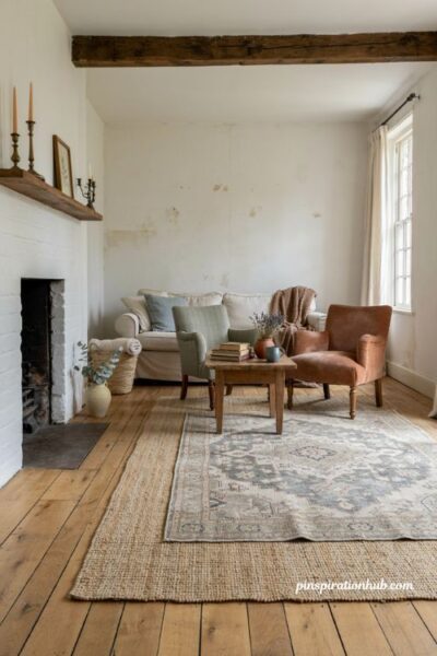 Cottage living room with layered antique rug over natural sisal