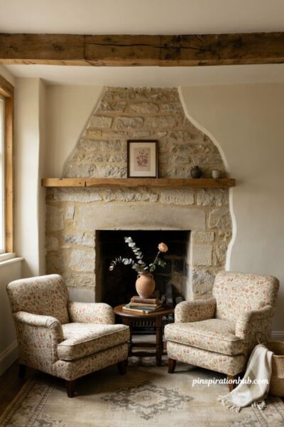 Cottage living room with stone fireplace and floral chairs