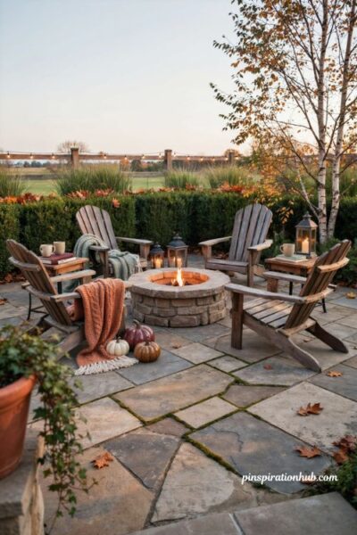 Cozy Bloxburg Halloween house backyard fire pit with pumpkins and lanterns