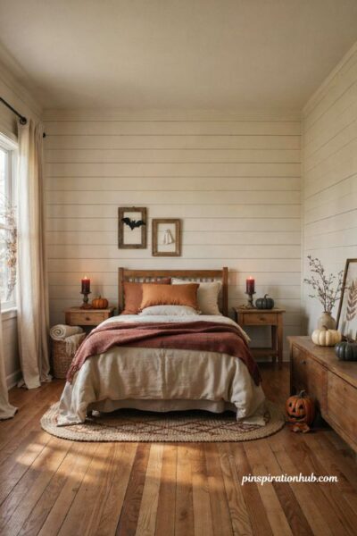 Cozy Bloxburg Halloween house bedroom with warm autumn decor