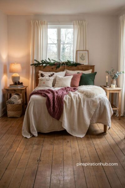 Cozy christmas bedroom with layered throw pillows chunky knit blanket and festive bedding