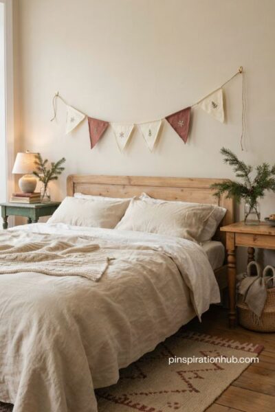 Cozy christmas bedroom with rustic fabric banner above the bed and festive holiday decor