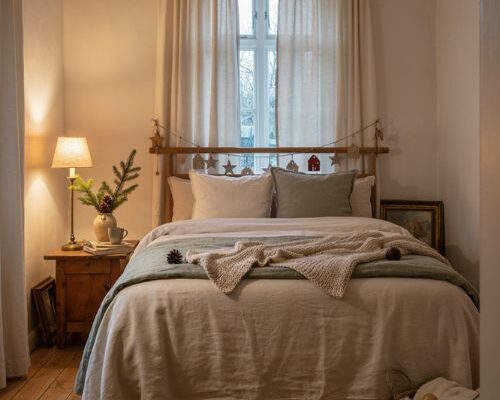 Cozy christmas bedroom with warm bedding vintage holiday decor and soft festive touches