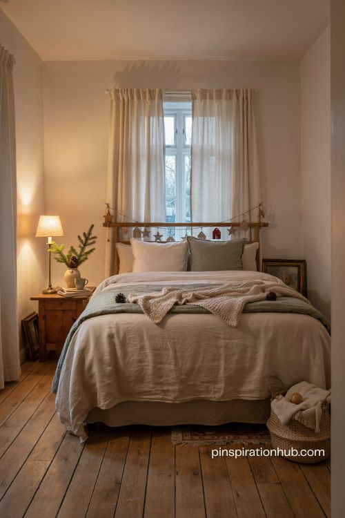 Cozy christmas bedroom with warm bedding vintage holiday decor and soft festive touches