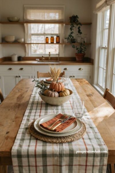 Cozy fall table runner decor with gingham linen and a small pumpkin centerpiece for a farmhouse kitchen table