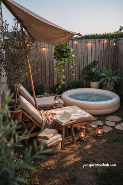 Cozy inflatable pool ideas with lounge chairs umbrella towels and greenery