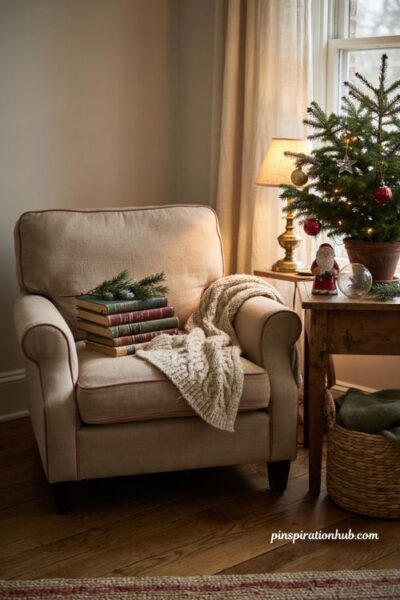 Cozy nostalgic Christmas reading corner with vintage decor