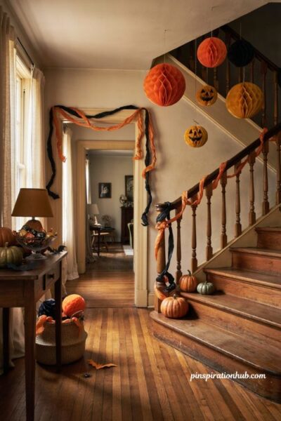 Crepe paper streamers and honeycomb balls for retro Halloween decor
