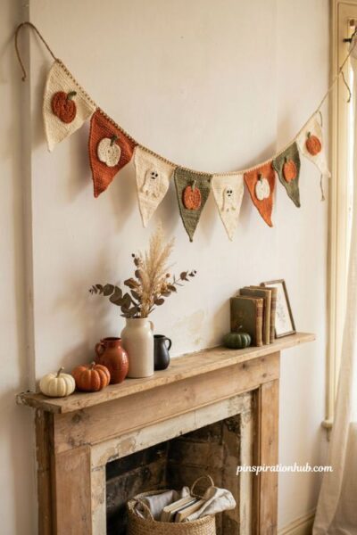 Crochet Halloween appliqué bunting garland ideas with pumpkins and ghosts