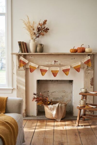 Crochet candy corn garland ideas with jute for playful fall and Halloween decor