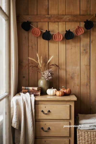 Crochet cat and pumpkin Halloween garland ideas for cozy October decor