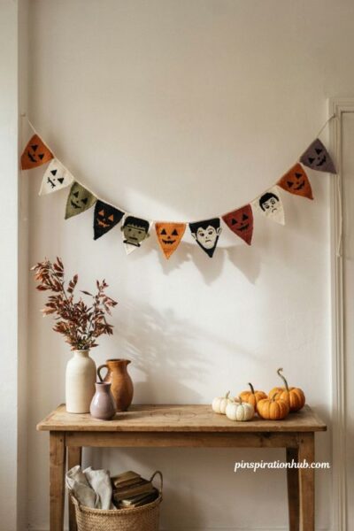 Crochet character bunting Halloween garland ideas with pumpkins Frankenstein and spooky faces