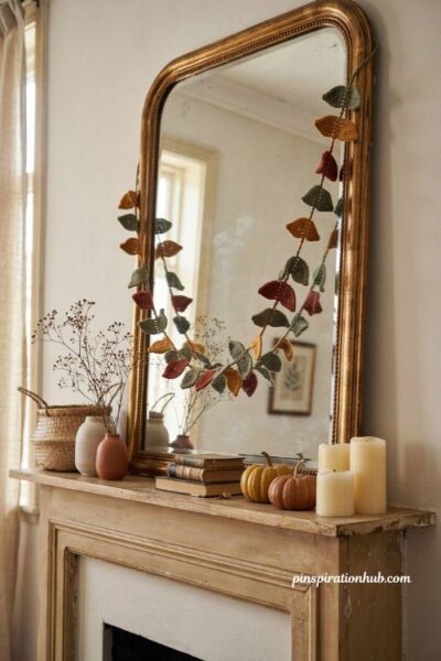 Crochet continuous leaf vine garland ideas for a cozy fall mantel and mirror