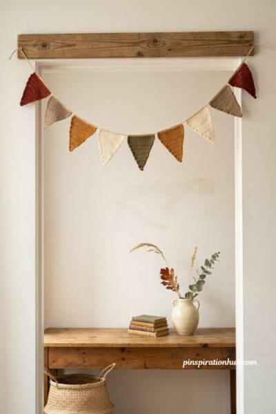Crochet fall pendant banner ideas with rust mustard cream and olive pennants