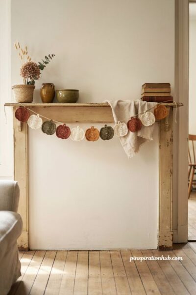 Crochet flat pumpkin motif garland ideas for a simple cozy fall mantel
