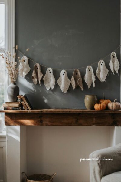 Crochet ghost garland ideas with cute handmade ghosts for cozy Halloween mantel decor