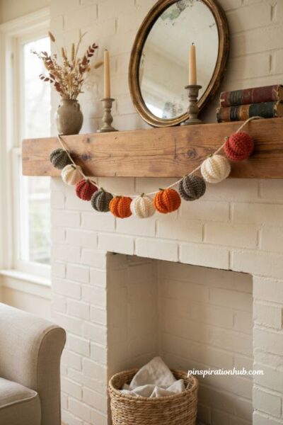 Crochet mini pumpkin mantel garland ideas with cozy fall colors and farmhouse decor