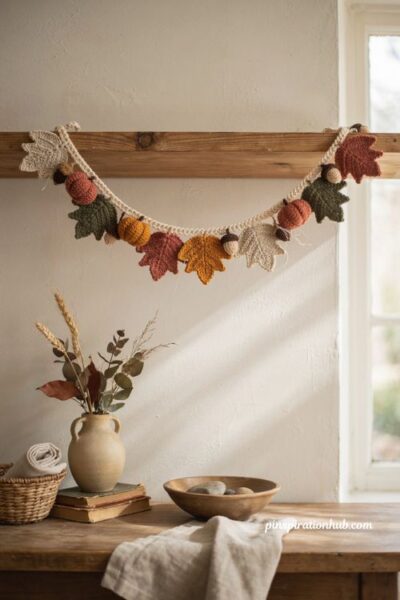 Crochet mixed autumn motif garland ideas with leaves acorns and pumpkins