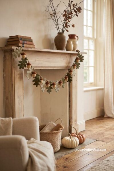Crochet oak leaf and acorn garland ideas for rustic fall mantel decor