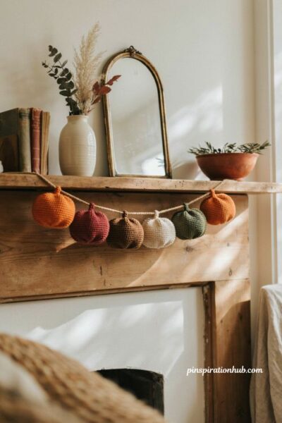 Crochet pumpkin lantern garland ideas for cozy fall mantel and harvest decor