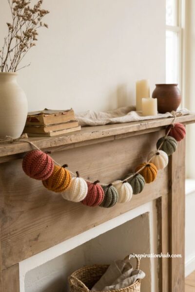 Crochet ribbed pumpkin and ball garland ideas for cozy farmhouse fall mantel decor