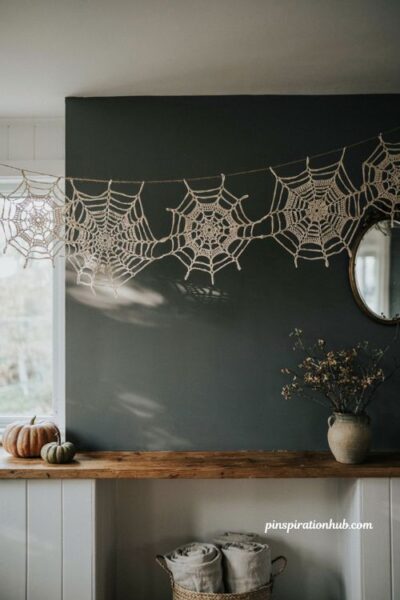 Crochet spiderweb Halloween garland ideas for a moody mantel wall display
