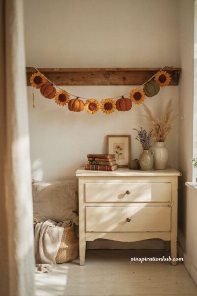Crochet sunflower and pumpkin garland ideas for cheerful cozy fall decor