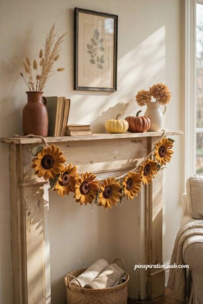 Crochet sunflower fall garland ideas for warm cozy autumn mantel decor