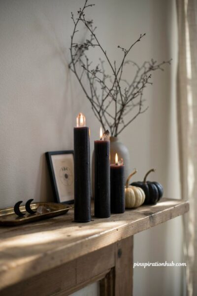 Crystal topped witchy black pillar candles for celestial Halloween decor