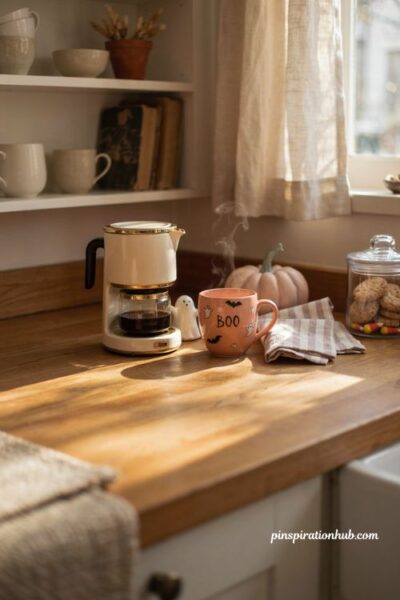 Cute Halloween decor coffee station with pumpkin mug and ghost
