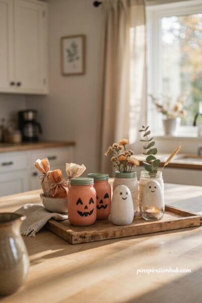 Cute Halloween decor mason jars painted as pumpkins ghosts and mummies