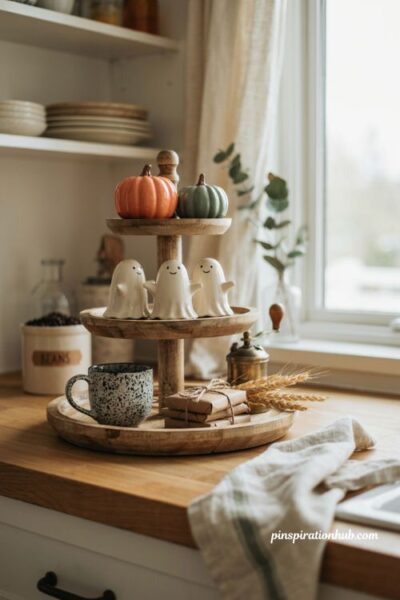 Cute Halloween decor tiered tray with mini pumpkins ghosts and treats