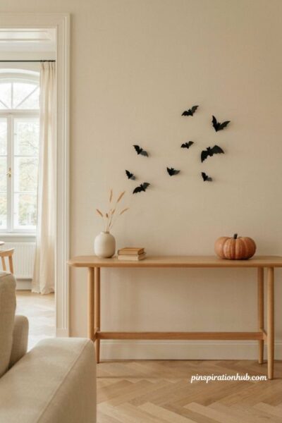 Cute Halloween decor with black bat wall decorations in a cozy living room