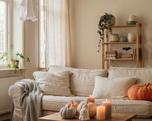 Cute Halloween decor with pastel pumpkins and friendly ghost decorations