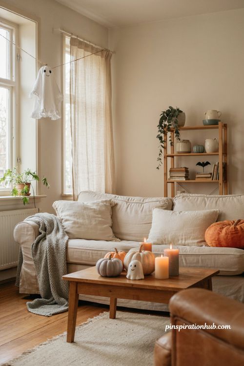 Cute Halloween decor with pastel pumpkins and friendly ghost decorations