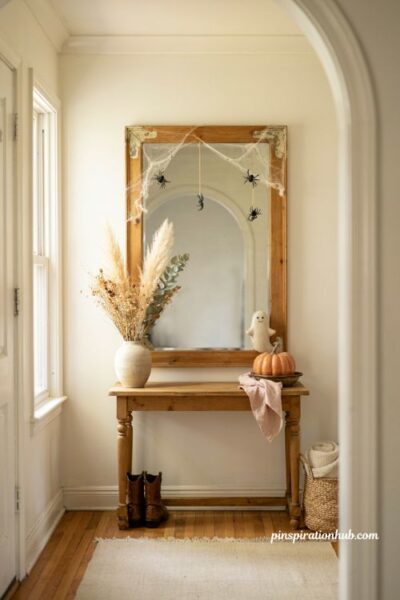 Cute Halloween decor with subtle spiderwebs and friendly ghost entryway