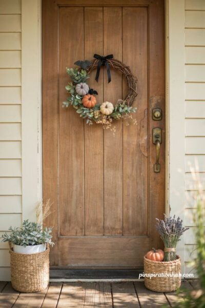 Cute Halloween decor wreath with mini pumpkins felt bats and dried flowers