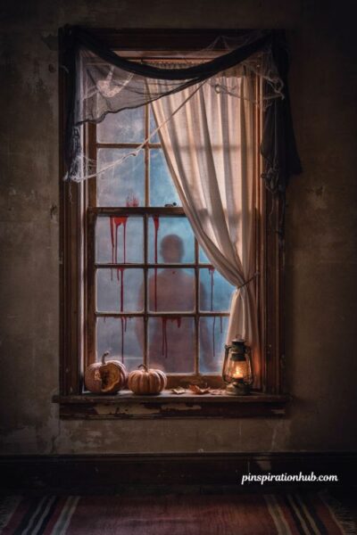 Cute colorful Halloween window scene with pastel pumpkins and ghosts