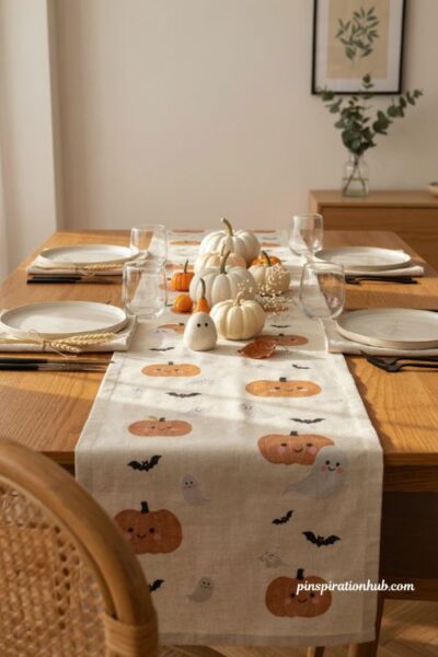 Cute pastel Halloween table runner with pumpkins and ghosts