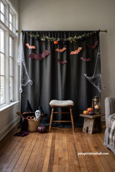 DIY Halloween photo booth with dark fabric backdrop paper bats spiderwebs and party props