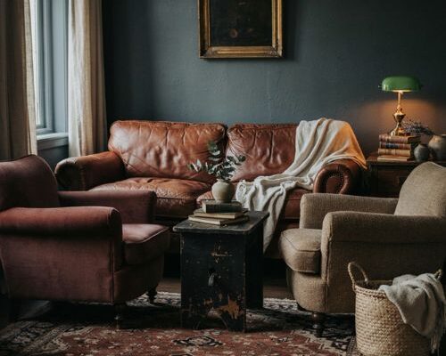 Dark moody living room with inky walls rich fabrics distressed metals and cozy British snug style