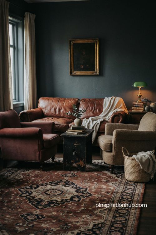 Dark moody living room with inky walls rich fabrics distressed metals and cozy British snug style