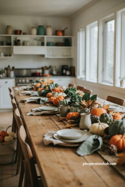 Deconstructed fall produce table decor with pumpkins gourds kale and artichokes for a long kitchen table