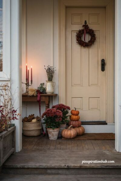 Deep cranberry pink Halloween porch decor with orange pumpkins