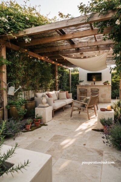 Dream backyard pergola with shaded lounge bamboo privacy and climbing vines