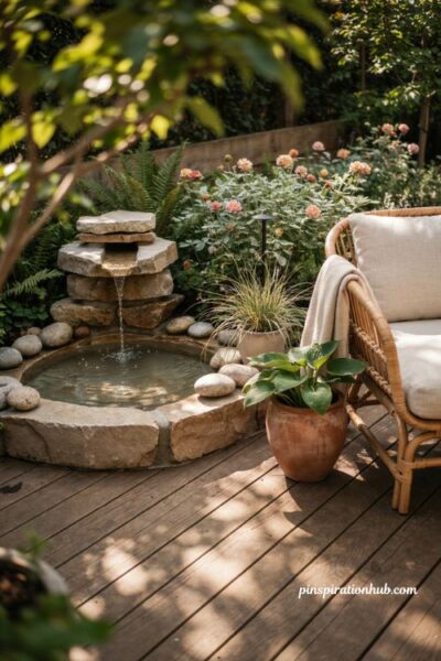 Dream backyard water feature with natural stone fountain and cozy seating