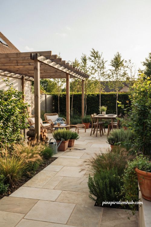 Dream backyard with cozy outdoor seating natural stone and garden zones
