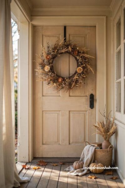 Dried flower wreath with wheat baby's breath and rust cream flowers for fall decor